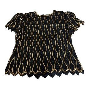 Holiday Party Top Patra / Stenay 80’s Sequined Black and Gold Silk VTG  Blouse